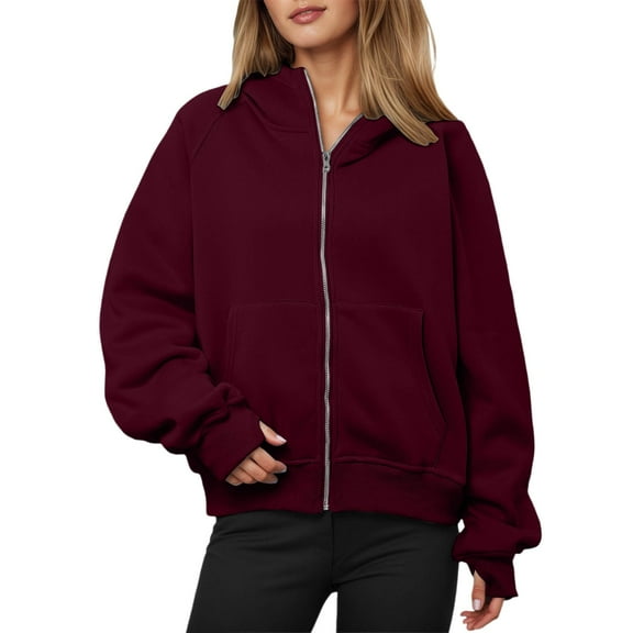 FYEGRE Autumn Brunch Ladies' Hooded Sweatshirt Women's Zip Up Thumbhole Hoodie with Pockets Cozy Outerwear for Fall and Winter Casual Streetwear Fashion Wine M