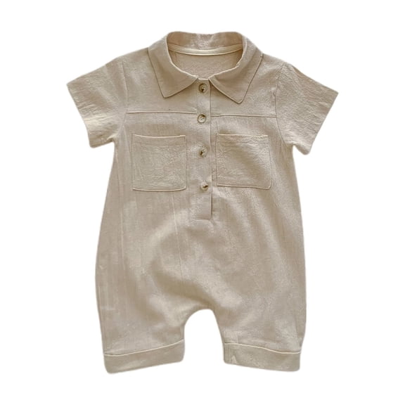 FYEGRE Baby Boy Summer Romper Front Down Shirt Jumpsuit Outfit With Collared Sleeveless Design For Toddler Daily Wear Beige 1-2 Years
