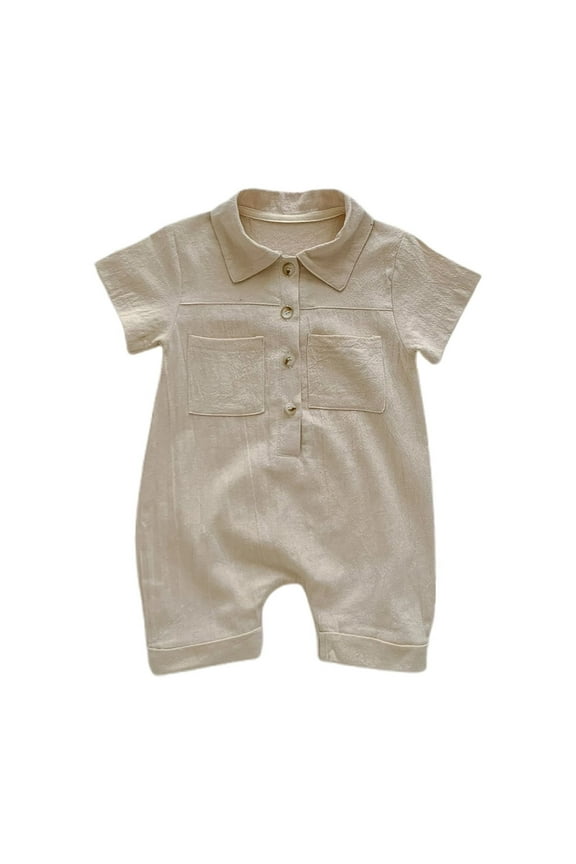 Baby Boy Summer Romper Front Down Shirt Jumpsuit Outfit With Collared Sleeveless Design For Toddler Daily Wear Beige 6-12 Months