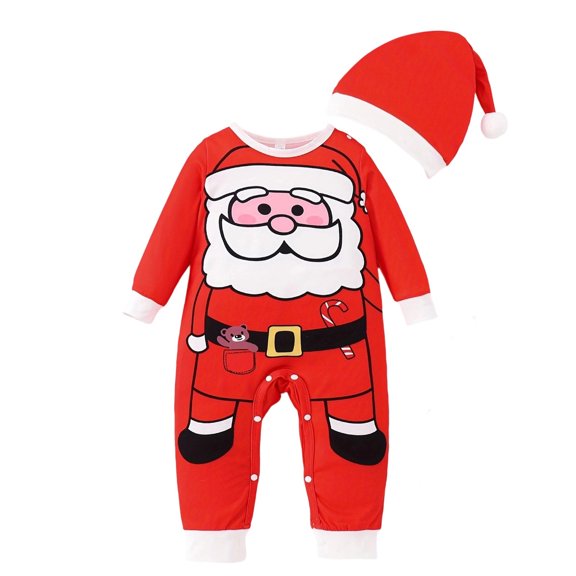 FYEGRE Baby Boys Long Sleeve Snap Crotch Bodysuit Santa Print Holiday Outfit For Toddler 0-18 Months Red 6-9 Months