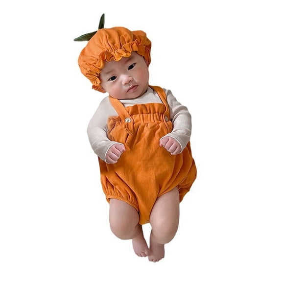 FYEGRE Baby Girls Halloween Solid Sleeveless Romper Bodysuit with Matching Suspender Hat Outfit Orange 6-12Months