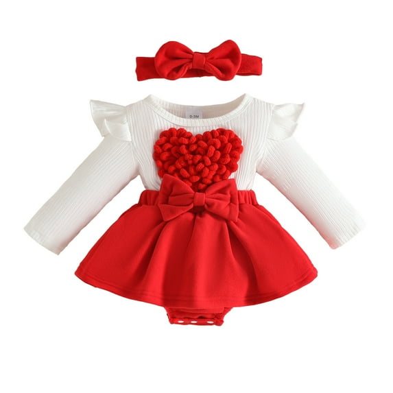 FYEGRE Baby Girls Long Sleeve Ribbed Knit Heart Design Outfit Set With Bow Headband Fall Winter Romper Jumpsuit For Toddler Casual Wear Red 6-9 Months