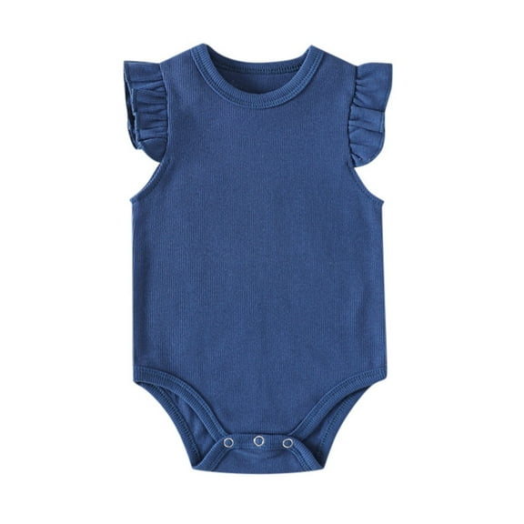 FYEGRE Baby Girls Ruffle Trim Short Sleeve Bodysuit Soft Knitted Casual Romper Blouse Top Outfit Blue 12-18 Months