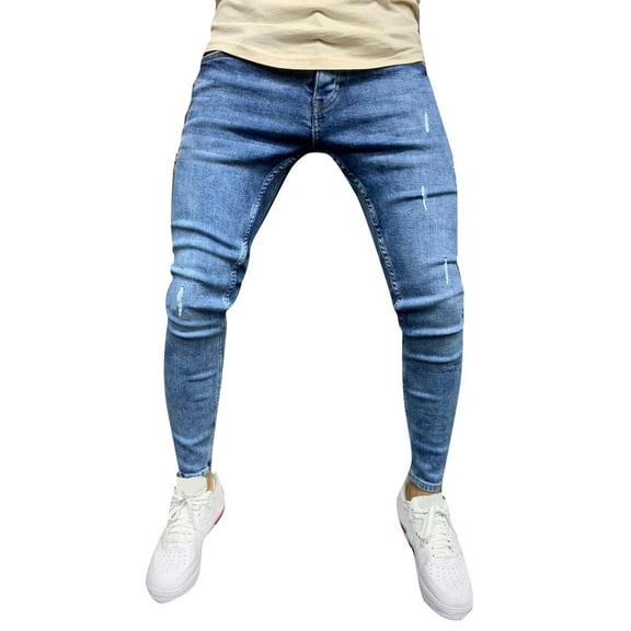FYEGRE Baggy Bootcut Jeans Men's Stretch Slim Fit Ripped Distressed Straight Leg Denim Pants Motorcycle Style Trousers with Comfortable Flexible Fabric for Blue M