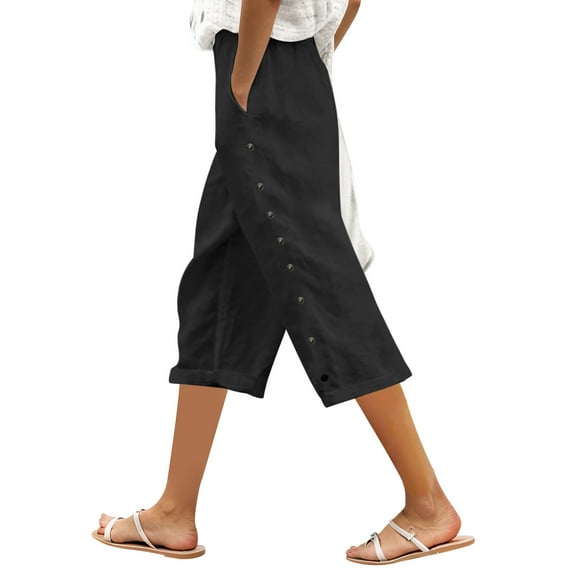 FYEGRE Bell Bottom Women's Casual Pants 2025 Women Linen Capri Pants Lightweight Summer Pinstripe Design Casual Cropped Trousers with Side Button and Elastic Black XL