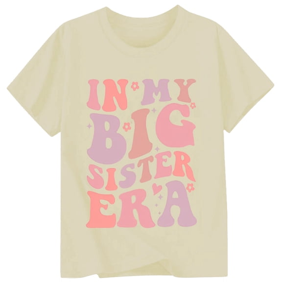 FYEGRE Big Sister Girls Shirts Kids T-Shirt Flower Toddler Short Sleeve Summer Top Outfits Summer Crewneck Tee Tops Sibling Reveal Tops Beige 4-5 Years