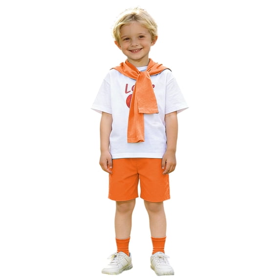 FYEGRE Boys Clothing Set with Short Sleeve Tee, Casual Shorts & Socks, Cute Preppy Outfit for School, Playdates, Birthdays & Weekend Trips Orange 5-6 Years