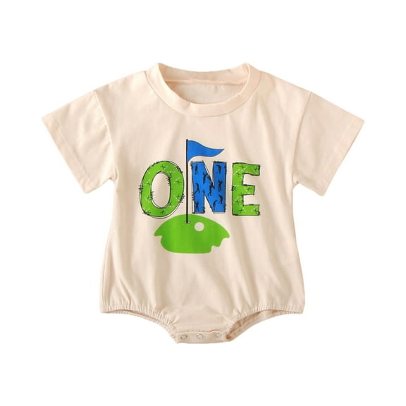 FYEGRE Boys Girls Big Day First Birthday Short Sleeve Embroidered Romper Baby Bodysuit Outfit Beige 6-12 Months