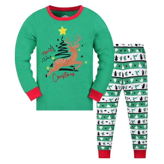 FYEGRE Boys Holiday Themed Long Sleeve Pajama Set Cozy Two Piece Homewear For Toddler And Kids Comfortable Sleepwear Outfit Green 8-9 Years