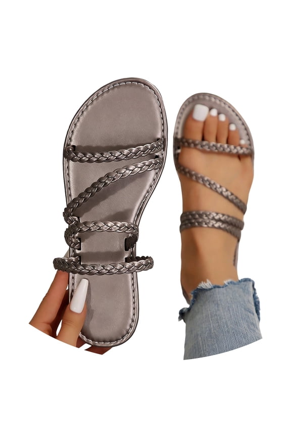Braided Sandals for Women Open Toe Fashion Slide Sandals Women Dressy Summer Flat Grey 38