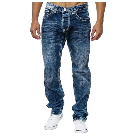 FYEGRE Business Casual Jeans for Men High Street Unisex Strap Detail Slim Fit Micro Flare Denim Pants With Tapered Leg For Modern Daily Fashion Wear Blue XXXL