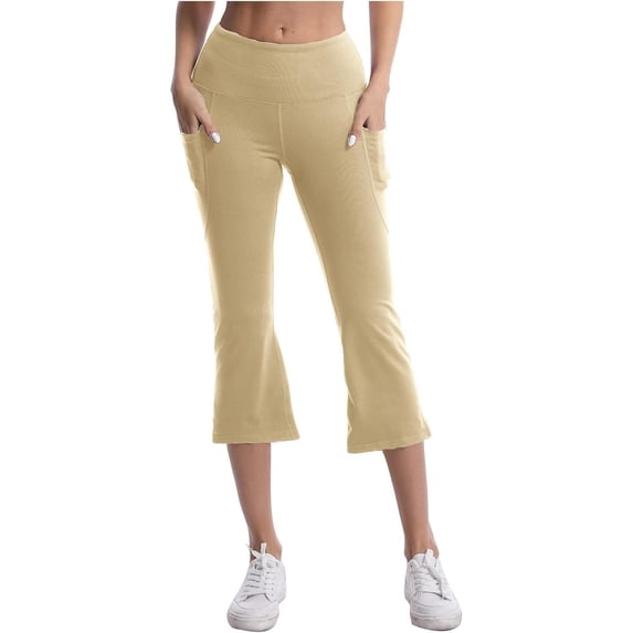 FYEGRE Capri Pants for Women Stretch Yoga Dress Pants with Pockets Ruffle Bell Bottom Athletic Work Leggings Beige M