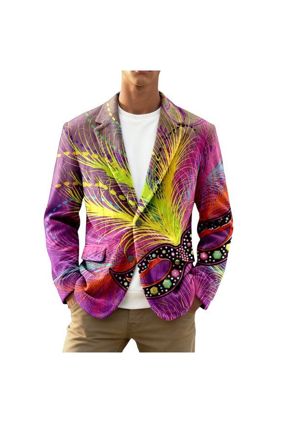 Carnival Sequin Print Corduroy Jacket For Men Stylish Lapel Design Formal And Casual Wear Comfortable Fit Party Night Out Yellow XL