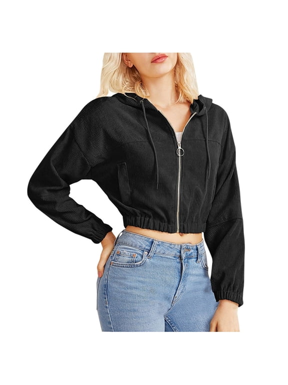 Casual Engagement Party Ladies' Hooded Sweatshirt Corduroy Zip Up Cropped Hooded Shirt Jacket Blouse for Women Casual Comfort Wear with Front Pocket Black M