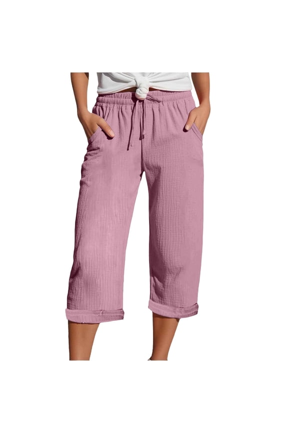 Chenille Women's Casual Pants 2025 Summer Women Linen Capri Pants Loose Comfy Elastic Waist Wide Leg Cropped Beach Trousers For Casual Pink XL