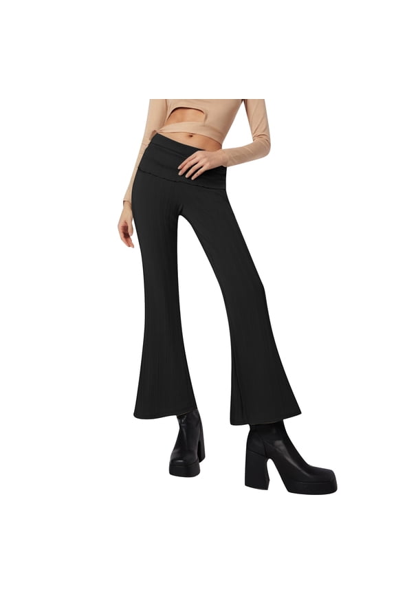 Chenille Women's Casual Pants Women's Slim Fit Flared Pants with Hem and Pleated Waistband for Casual and Comfortable All Black S