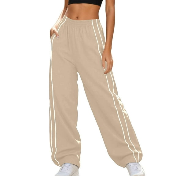 FYEGRE Chiffon Ladies' Pants Summer Women's Casual Elastic Waist Drawstring Trousers Everyday Comfort Wide Leg Beach Pants with Pockets for Beige L