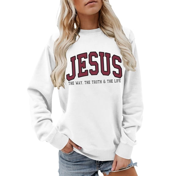 FYEGRE Christian Sweatshirt for Women Jesus The Way The Truth The Life Loose Pullover Cuzy Ladies Trendy Tops White XL
