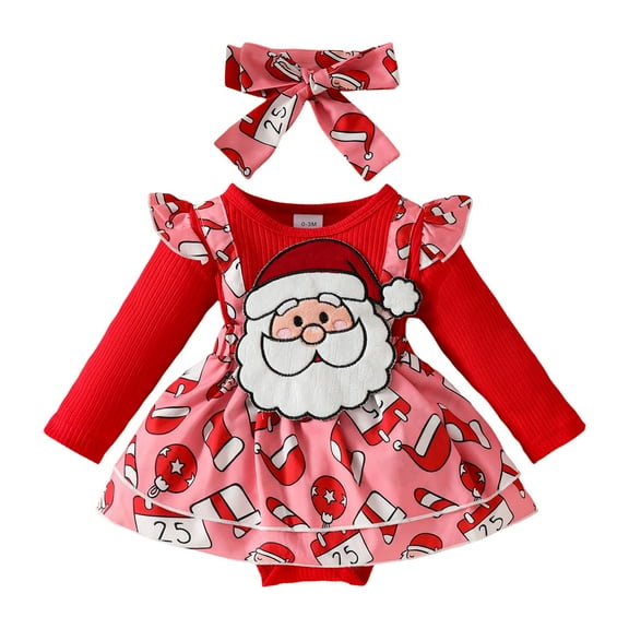 FYEGRE Christmas Holiday Girls Long Sleeve Santa Romper Baby Bodysuit Dress with Festive Headband Outfit Set Red 0-6 Months