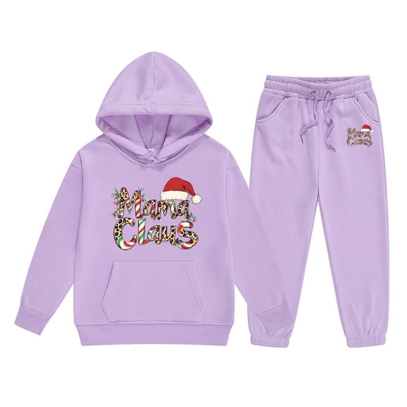 FYEGRE Christmas Letter Print Hooded Sweater and Pants Outfit Set for Girls Festive Holiday Long Sleeve Top and Bottom Combo Purple 2-3 Years