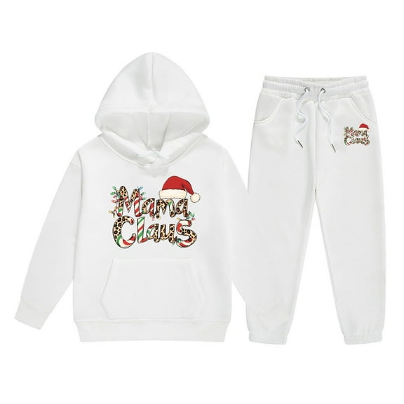 FYEGRE Christmas Letter Print Hooded Sweater and Pants Outfit Set for Girls Festive Holiday Long Sleeve Top and Bottom Combo White 2-3 Years