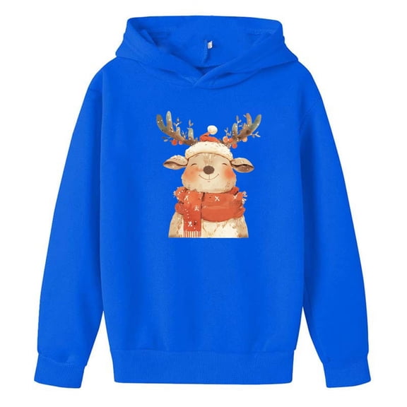 FYEGRE Christmas Reindeer Print Kids Jogging Tracksuit 2 Piece Set Festive Holiday Sportswear Outfit For Boys And Girls With Hooded Top And Pants Blue 5-6 Years