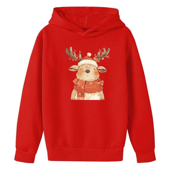 FYEGRE Christmas Reindeer Print Kids Jogging Tracksuit 2 Piece Set Festive Holiday Sportswear Outfit For Boys And Girls With Hooded Top And Pants Red 5-6 Years