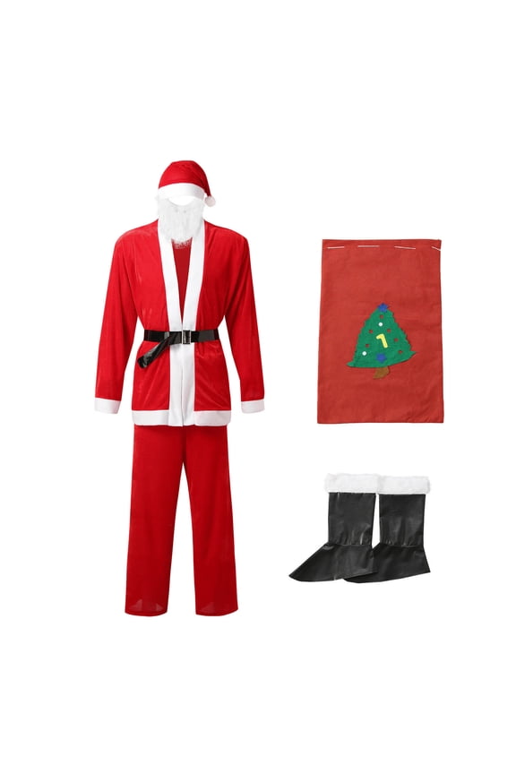 Christmas Santa Set for Men with Golden Velvet Suit Jacket and Pants Outfit Red One Size