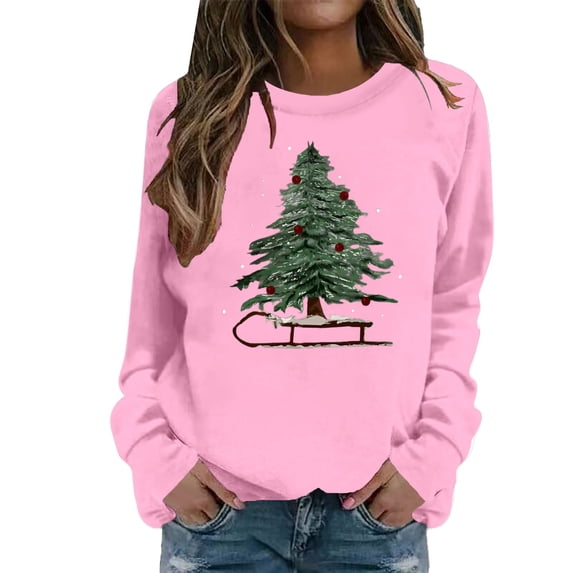 FYEGRE Christmas Tree Sweatshirt Women Merry Christmas Long Sleeve Shirt Pullover Top Xmas Holiday Sweatshirts Pink XXXL