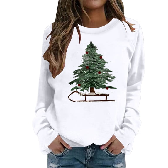 FYEGRE Christmas Tree Sweatshirt Women Merry Christmas Long Sleeve Shirt Pullover Top Xmas Holiday Sweatshirts White L