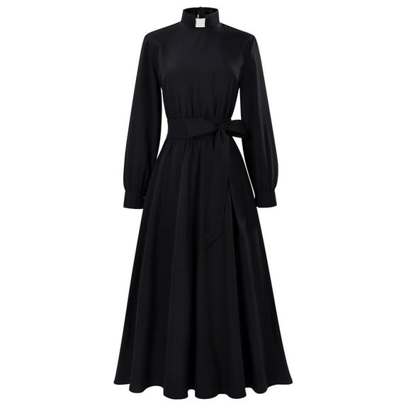 FYEGRE Clergy Dress for Women Long Sleeve A Line Elegant Maxi Dress with Tab Insert Stand Collar and Belt Black XXL