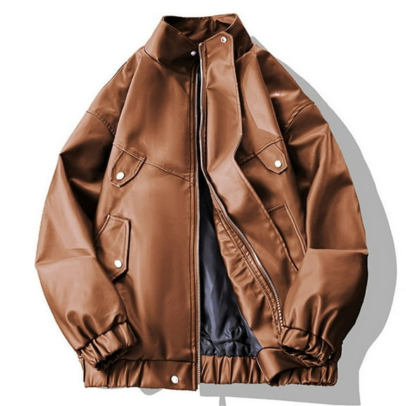 FYEGRE Contemporary Stand Collar Leather Jacket Fashion Outerwear For Big And Tall Men Stylish Comfortable Outer Coat Coffee M