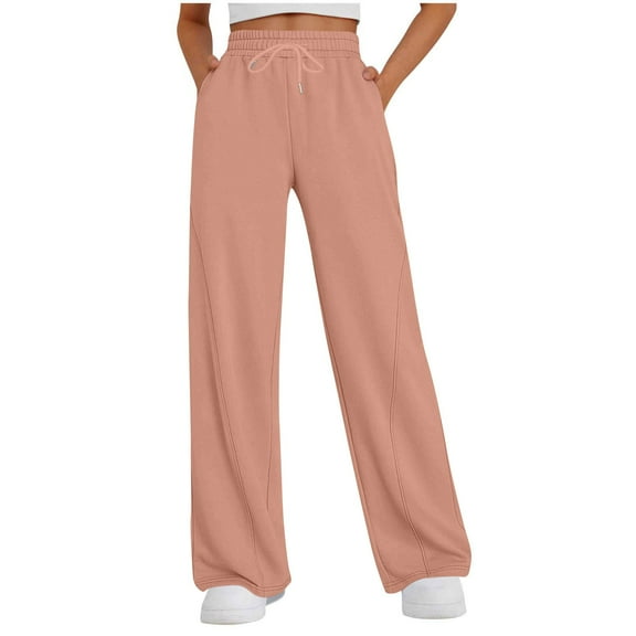 FYEGRE Corduroy Ladies' Pants Women's High Waisted Casual Pants Loose Fit Straight Leg Joggers with Elastic Waistband Drawstring Pocket for Daily Pink L