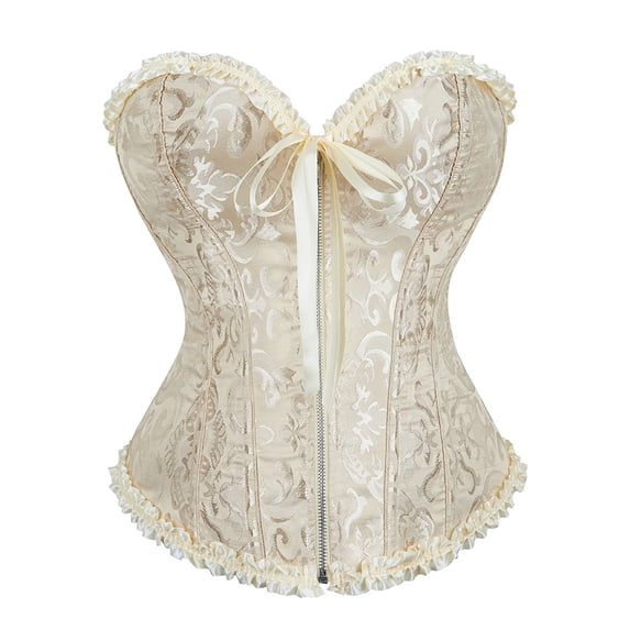 FYEGRE Corset Tops for Women, Women's Fashion Corset Top Lace Up Satin Overbust Boned Bustier Bridal Lingerie Bodyshaper Gothic Bodysuit Beige S
