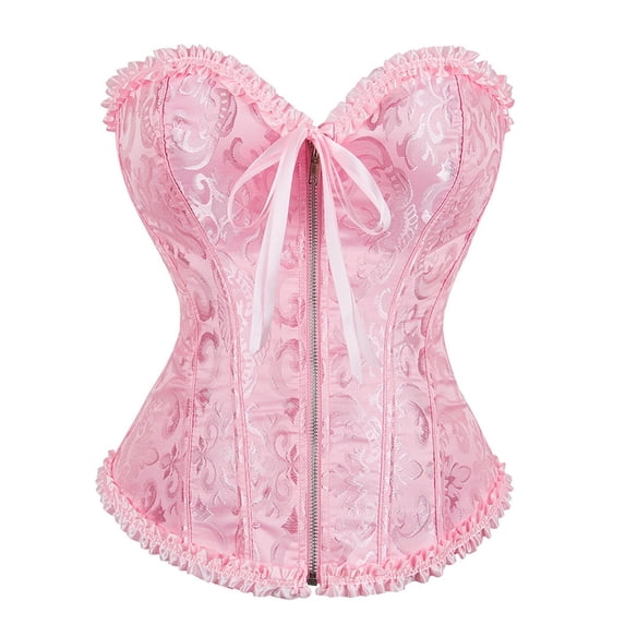 FYEGRE Corset Tops for Women, Women's Fashion Corset Top Lace Up Satin Overbust Boned Bustier Bridal Lingerie Bodyshaper Gothic Bodysuit Pink XXXL
