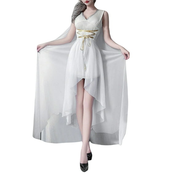 FYEGRE Court Dress For Performance Masquerade And Formal Evening Gala Events With Lace Up Corset And Detachable Sash White M