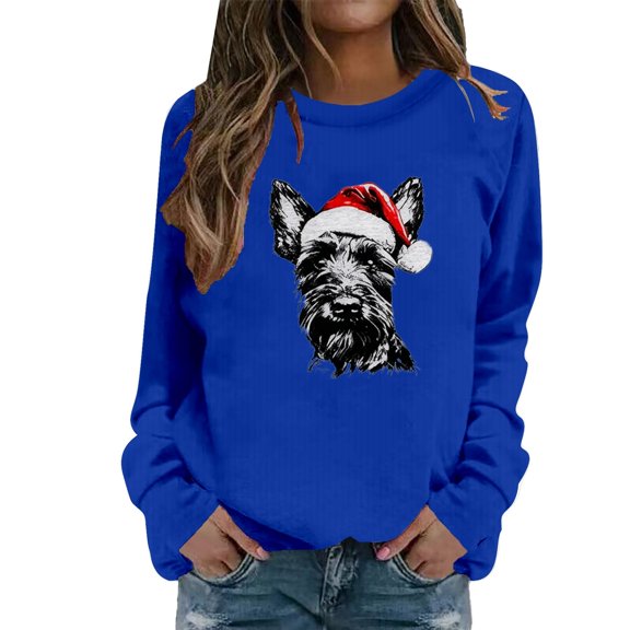 FYEGRE Cozy Print Casual Crewneck Pullover Sweatshirt Soft Fashion Top For Holiday Comfort And Everyday Style Blue XL