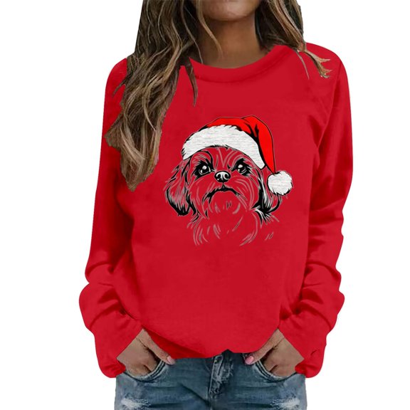 FYEGRE Cozy Print Casual Crewneck Pullover Sweatshirt Soft Fashion Top For Holiday Comfort And Relaxation Red XXL