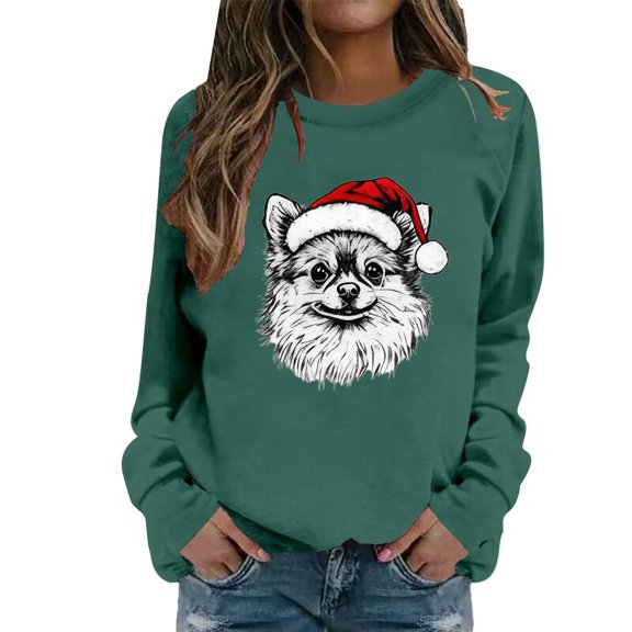 FYEGRE Cozy Print Casual Crewneck Sweatshirt Soft Pullover Long Sleeve Top For Holiday Festive Outfit And Daily Wear Dark Green XL