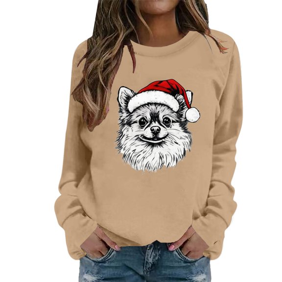 FYEGRE Cozy Print Casual Crewneck Sweatshirt Soft Pullover Long Sleeve Top For Holiday Festive Outfit And Daily Wear Khaki XXXL
