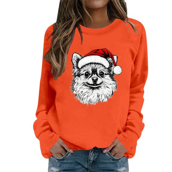 FYEGRE Cozy Print Casual Crewneck Sweatshirt Soft Pullover Long Sleeve Top For Holiday Festive Outfit And Daily Wear Orange XL