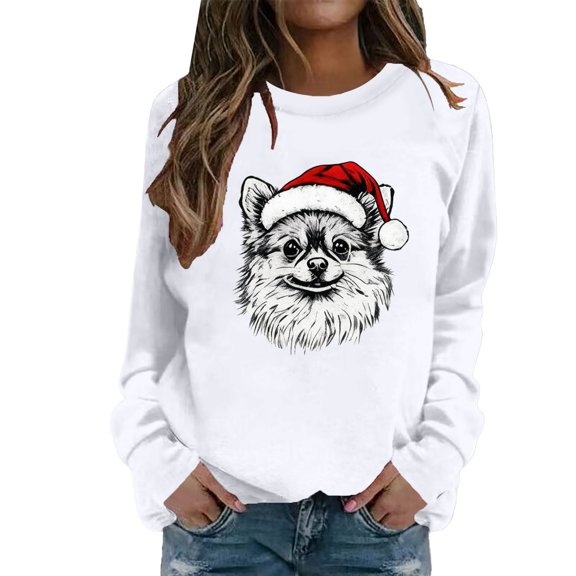 FYEGRE Cozy Print Casual Crewneck Sweatshirt Soft Pullover Long Sleeve Top For Holiday Festive Outfit And Daily Wear White M