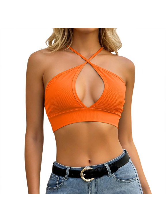 Crisscross Strappy Cut-Out Padded&Cross-Back Sports Bras for Women-Medium Support&Breathable for Yoga Gym Workout Orange XS