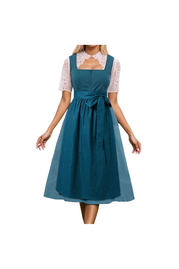 Elegant Bavarian Dirndl for Women - Traditional German Festival Outfit with Lace Blouse and Apron - for Oktoberfest Parties and Halloween Celebrations Green L