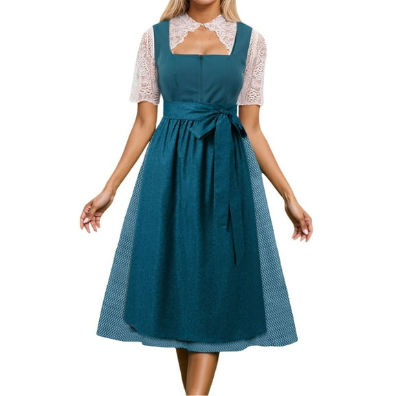 FYEGRE Elegant Bavarian Dirndl for Women - Traditional German Festival Outfit with Lace Blouse and Apron - for Oktoberfest Parties and Halloween Celebrations Green XXXL