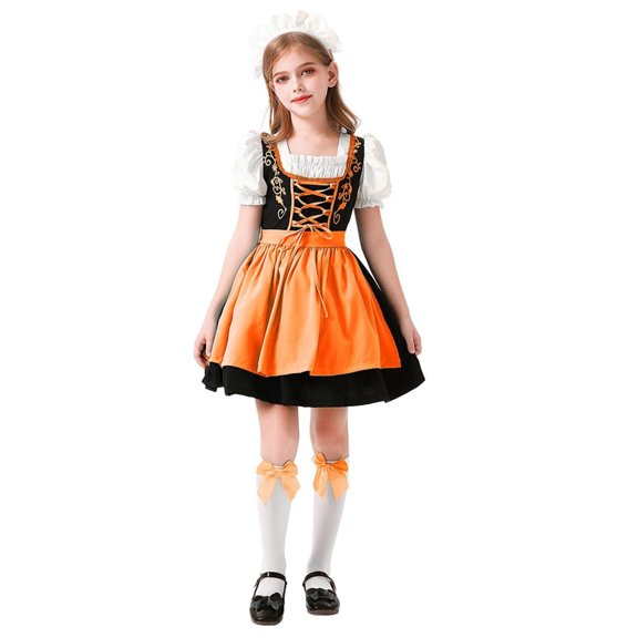 FYEGRE Elegant Bavarian Oktoberfest Dirndl Dress for Girls Traditional German Party Fancy Outfit Festival Fashion Casual Wear Orange 11-12 Years