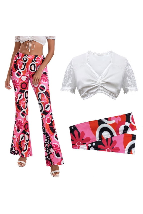 Elegant Gothic For Women Lace Blouse And Flared Pants Set Halloween Attire Pink L