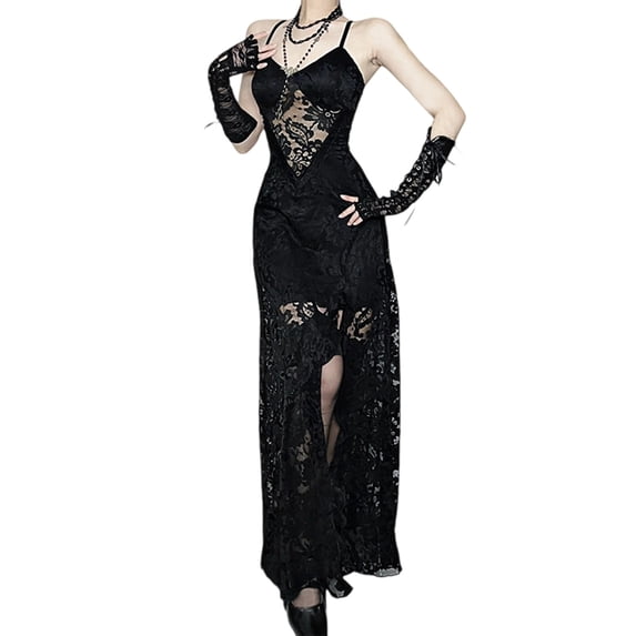 FYEGRE Elegant Gothic Lace Maxi Dress For Evening Gown With Spaghetti Straps And Side Slit Design Black L