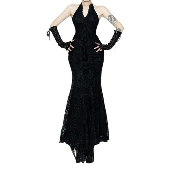 FYEGRE Elegant Gothic Lace Maxi Dress For Evening Gown With Spaghetti Straps And Side Slit Design Black1 S