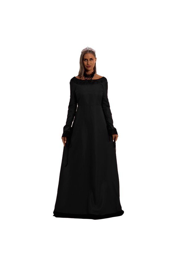 Elegant Gothic Style Dress Long Sleeve Round Neck Retro Gown For Stage Performance Themed Parties And Halloween Events Black XL